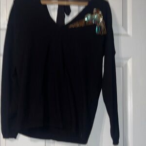 Promod Black V-Neck Sweater with Gold Sequin Detail